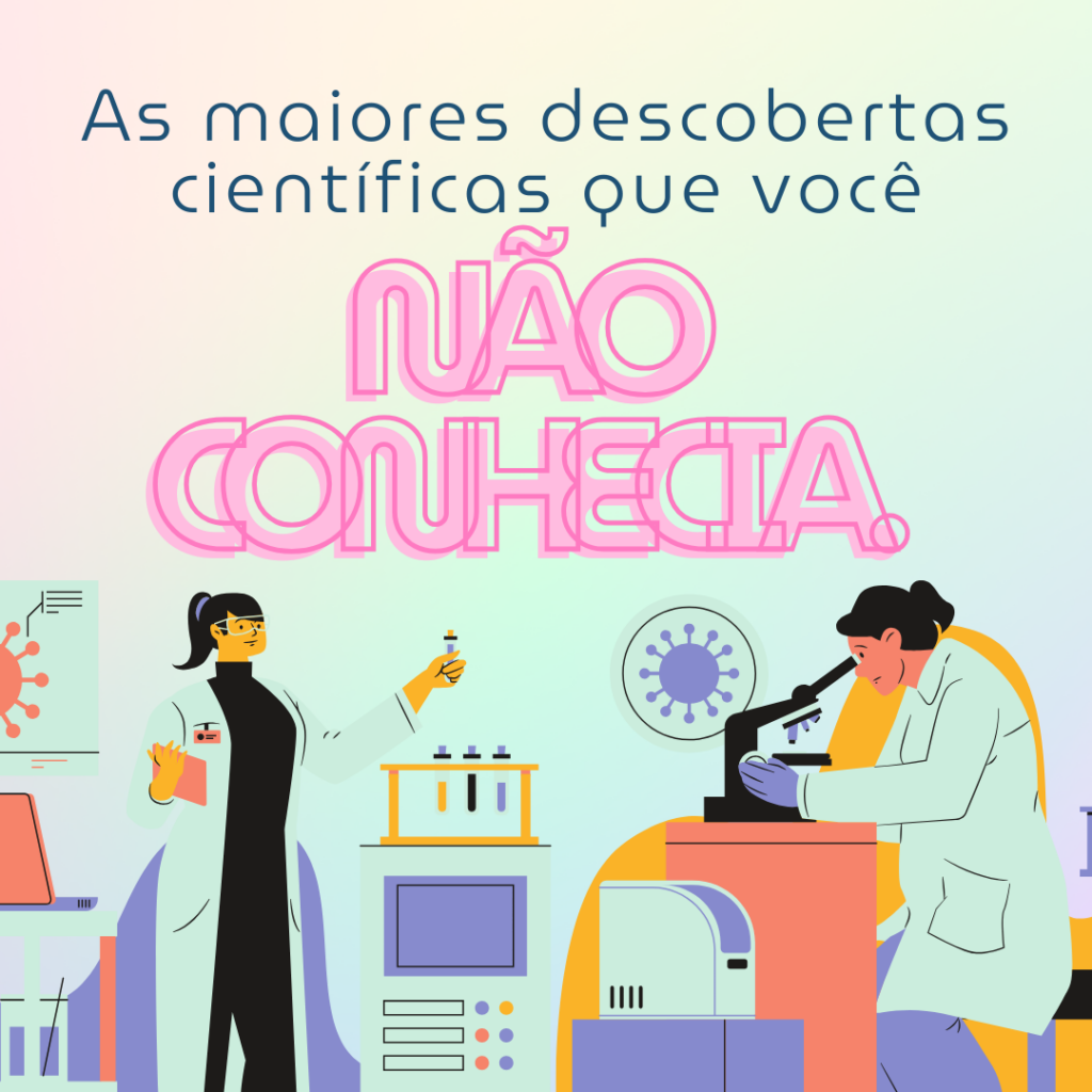 na imagem temos duas cientistas em seus laboratórios pesquisando e o texto com o título da postagem, onde se lê: As maiores descobertas científicas que você não conhecia.